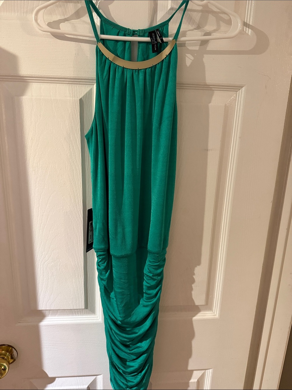Guess by Marciano Teal Sleeveless Ruched Maxi Dress with Gold Accent